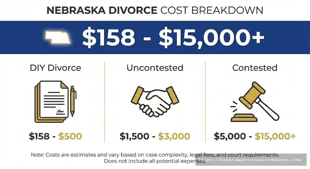 Nebraska divorce cost breakdown infographic showing DIY, uncontested, and contested divorce price ranges from $158 to $15,000 plus