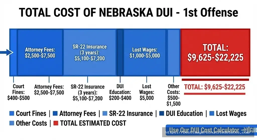Nebraska first DUI total cost breakdown 2026 $9,625-$22,225 including fines, attorney fees, insurance, education, lost wages