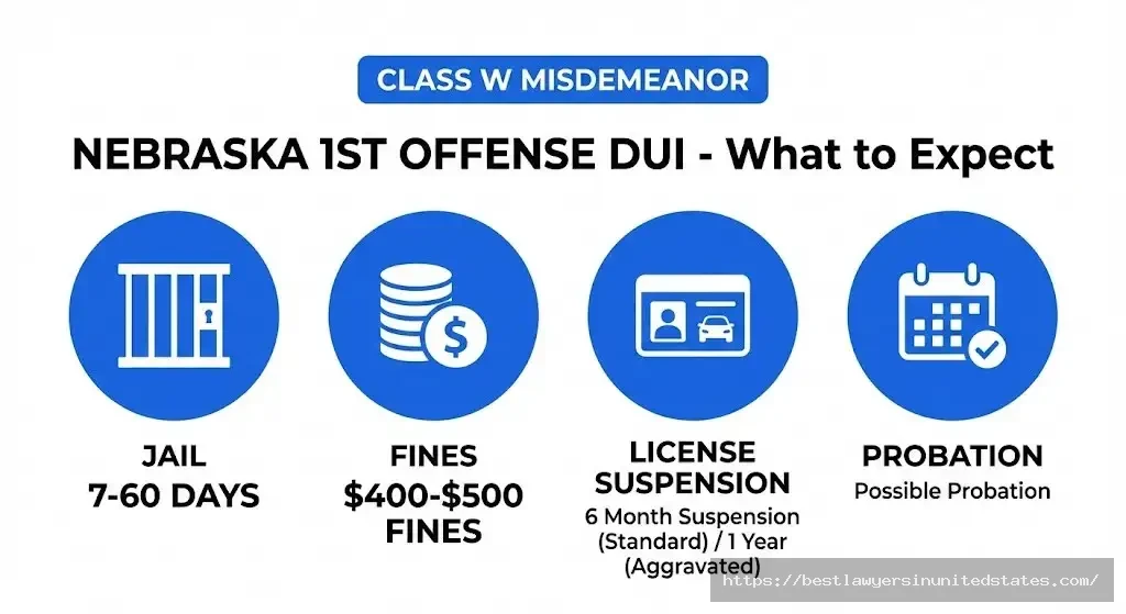 Nebraska first offense DUI penalties infographic 7-60 days jail, $400-500 fines, 6-12 month license suspension 2026