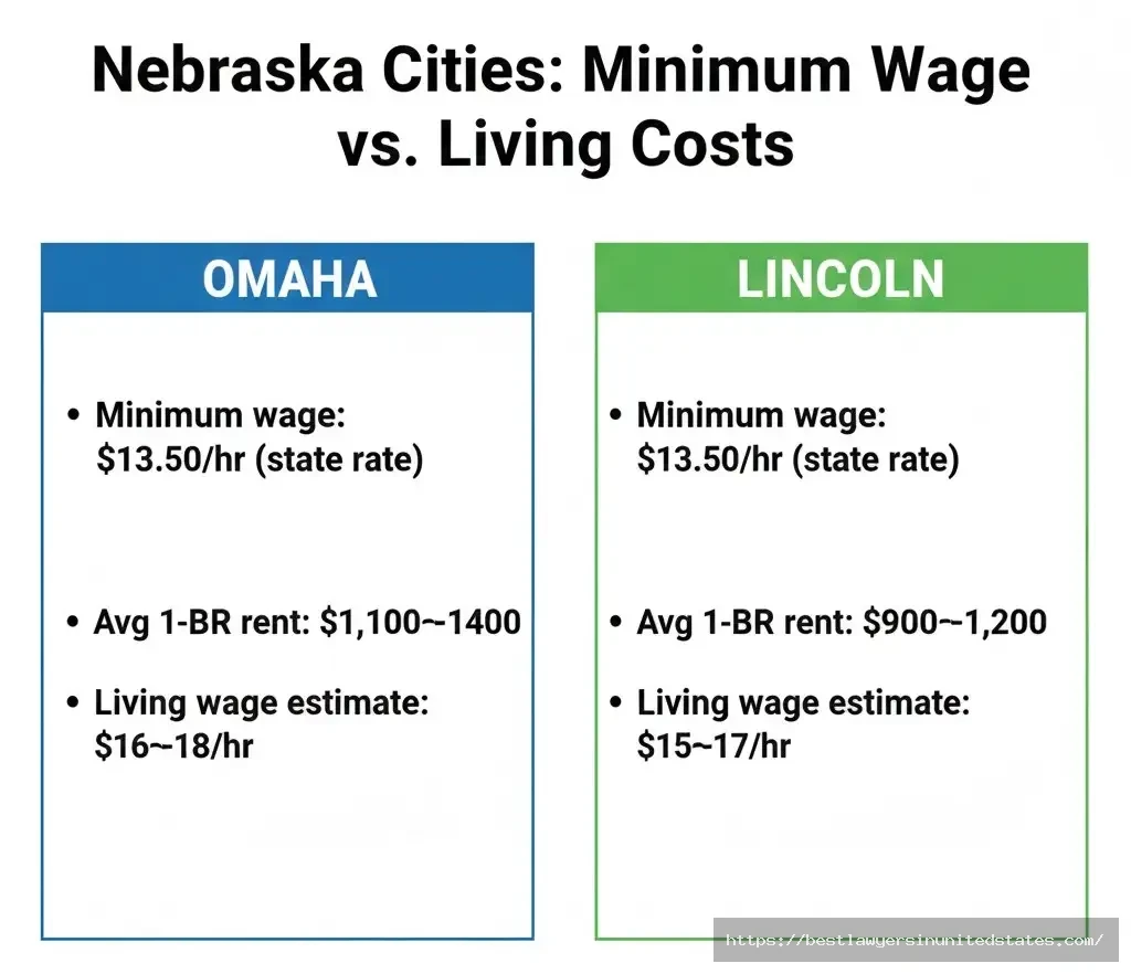 Nebraska minimum wage comparison Omaha Lincoln showing rent costs and living wage estimates versus state minimum