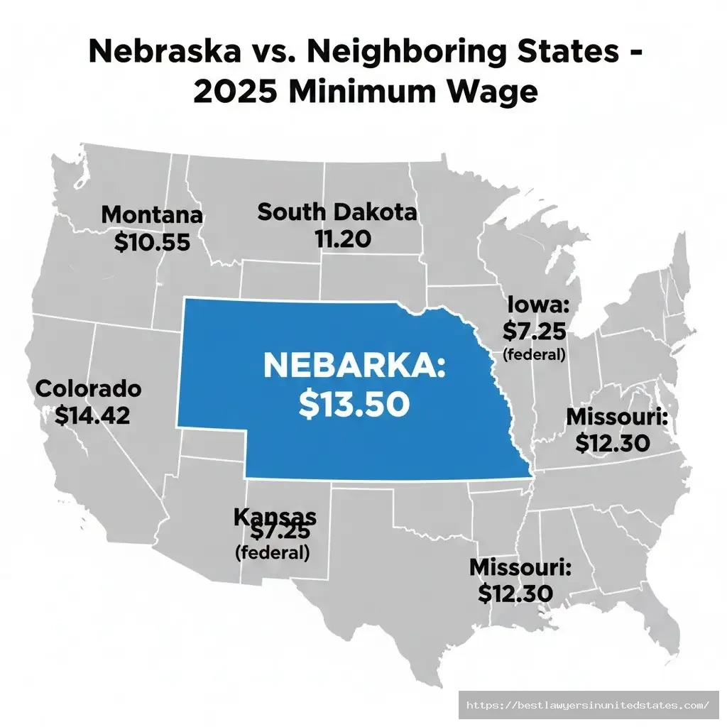 Nebraska minimum wage comparison map showing $13.50 rate versus neighboring states Iowa Kansas Missouri Colorado Montana
