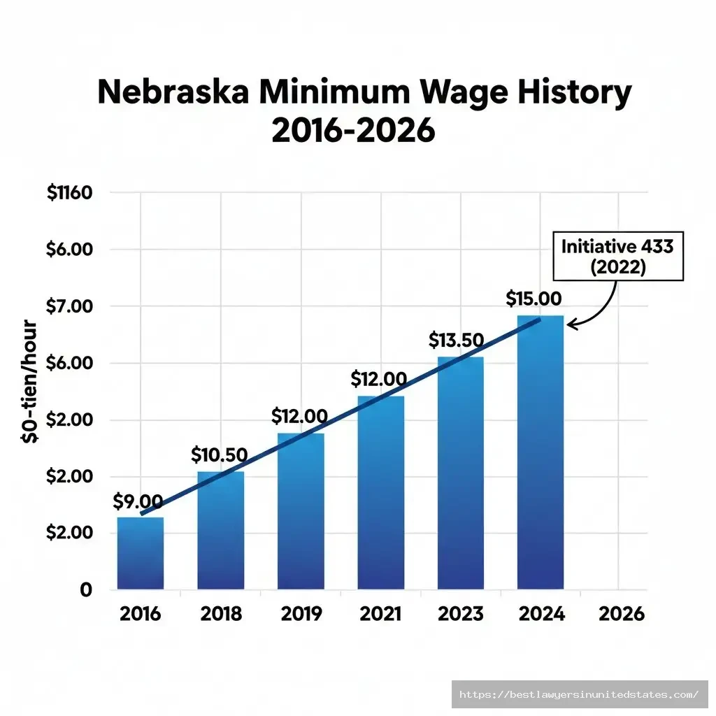 Nebraska minimum wage increase timeline from $9 in 2016 to $15 in 2026 showing Initiative 433 impact