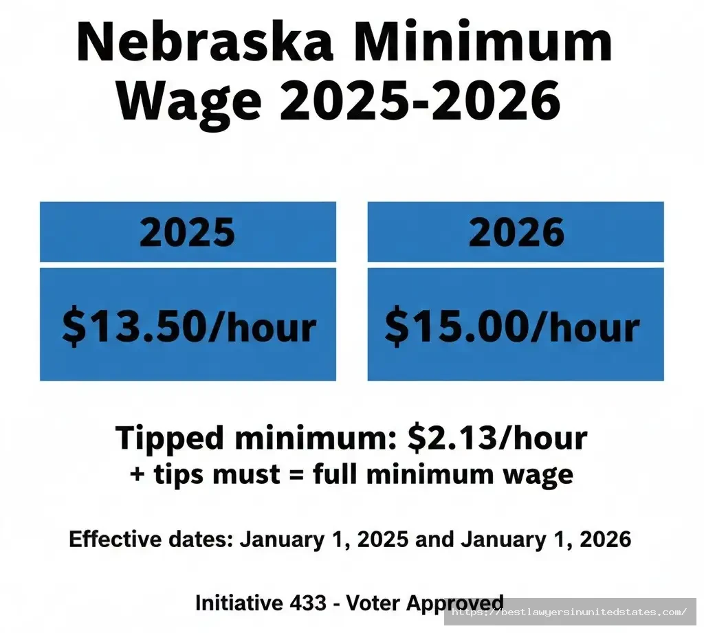 Nebraska minimum wage rates 2025 $13.50 and 2026 $15 per hour with tipped wage information