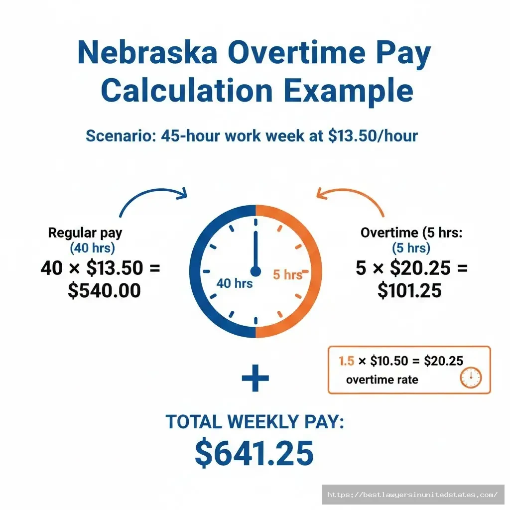 Nebraska overtime pay calculation showing time and a half rate $20.25 for hours over 40 per week example