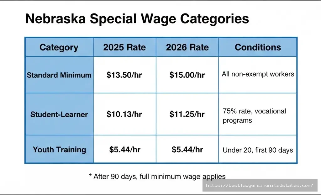 Nebraska special wage rates student learner 75 percent youth training wage under 20 first 90 days table