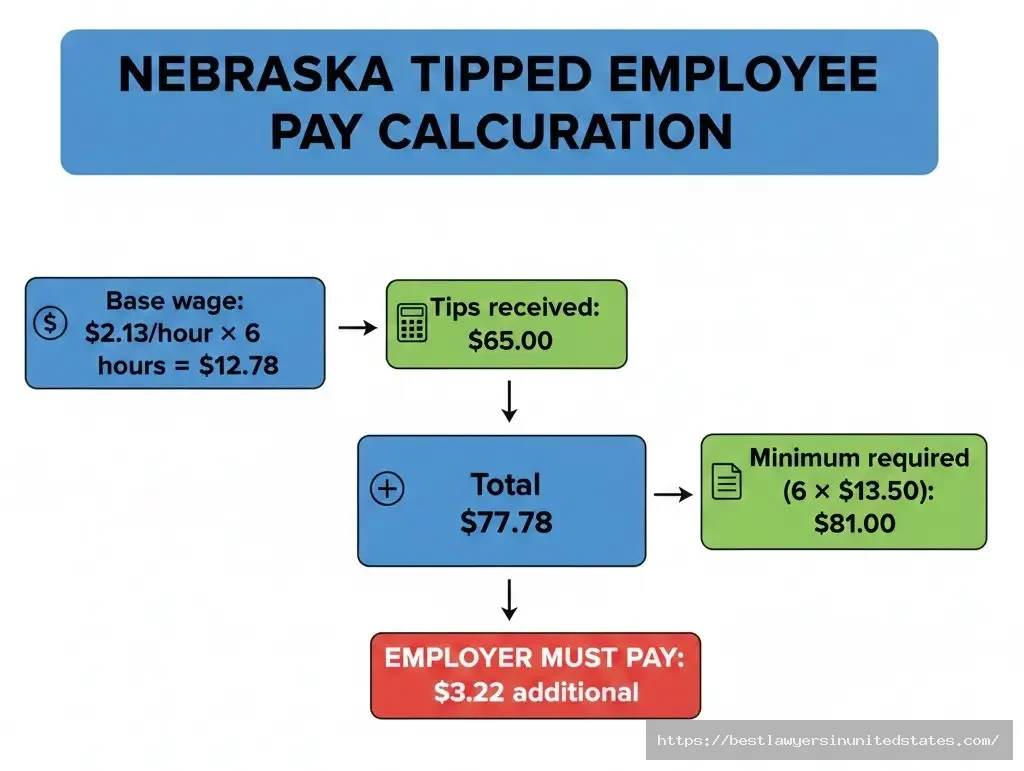 Nebraska tipped employee wage calculation showing employer must cover difference when tips plus base wage fall short of minimum