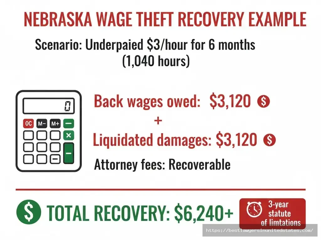 Nebraska wage theft recovery calculation example showing back wages liquidated damages attorney fees total $6240 plus