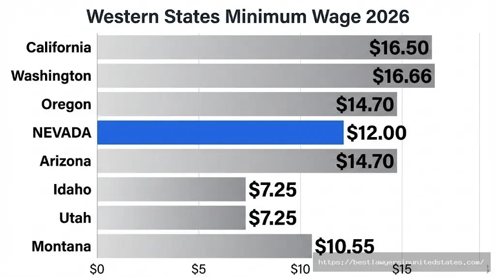 Nevada $12.00 minimum wage compared to neighboring states California, Arizona, Idaho, Utah, Oregon, Montana