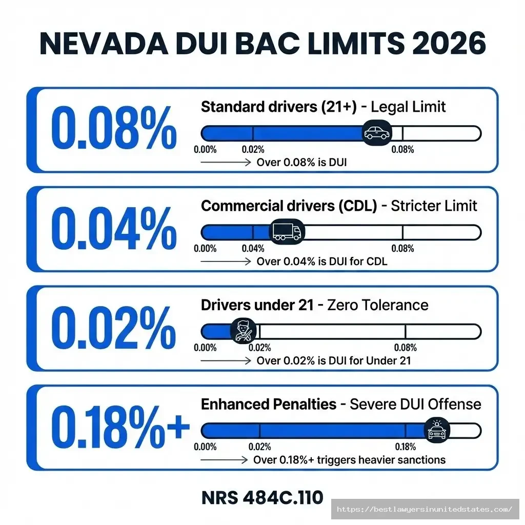 Nevada DUI BAC limits 2026 0.08% standard, 0.04% CDL, 0.02% under 21 drivers legal thresholds chart