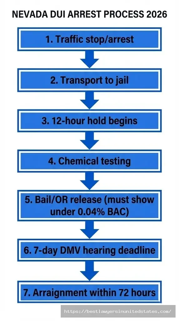 Nevada DUI arrest process 2026 step-by-step flowchart from traffic stop through court arraignment