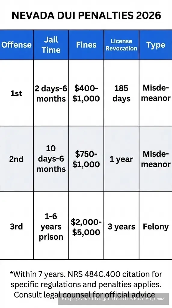 Nevada DUI penalties comparison 2026 1st vs 2nd vs 3rd offense jail, fines, license suspension table