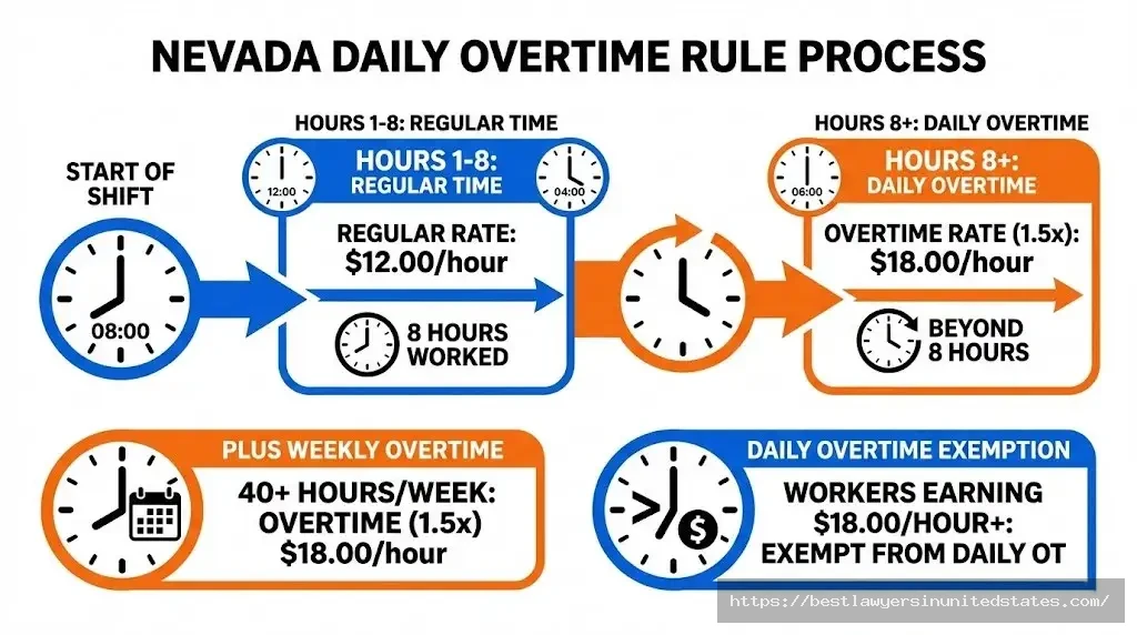 Nevada daily overtime requirements showing time-and-a-half after 8 hours per day at $18.00 per hour