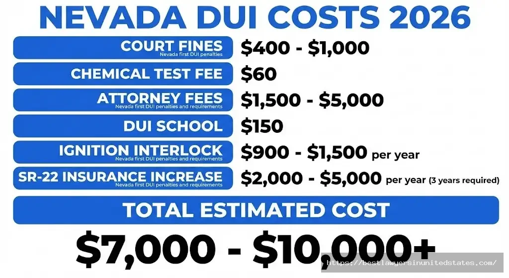 Nevada first DUI cost breakdown 2026 fines, fees, attorney, insurance totaling $7,000-$10,000 average expenses