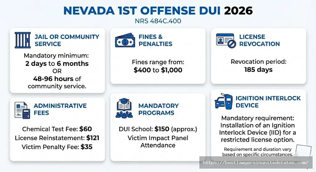 Nevada first offense DUI penalties 2026 jail time, fines, license revocation, fees breakdown infographic