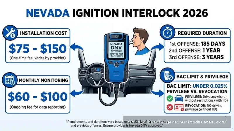 Nevada ignition interlock device costs 2026: installation, monthly fees, duration requirements by DUI offense