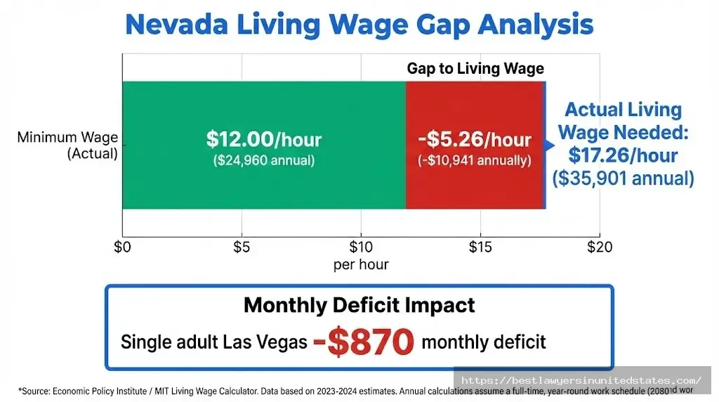 Nevada living wage gap showing $5.26 per hour shortfall between $12.00 minimum wage and $17.26 living wage