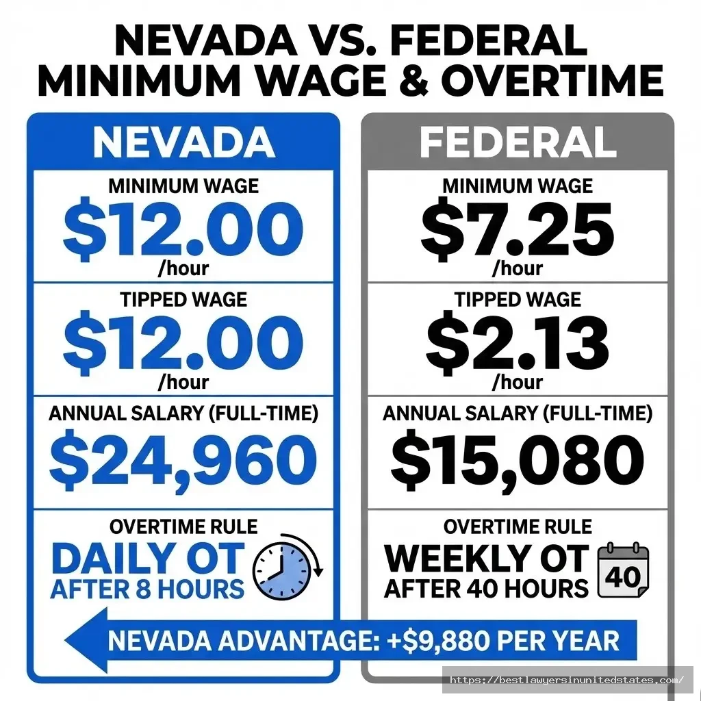 Nevada minimum wage $12.00 versus federal minimum wage $7.25 showing $9,880 annual earnings advantage