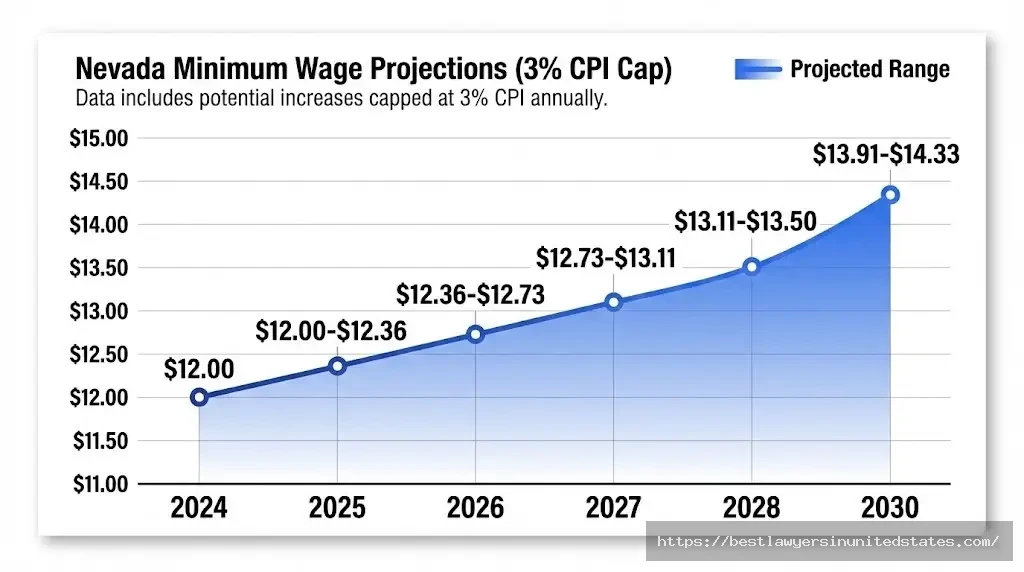 Nevada minimum wage CPI adjustment projections from 2024 to 2030 showing potential increase to $14.33