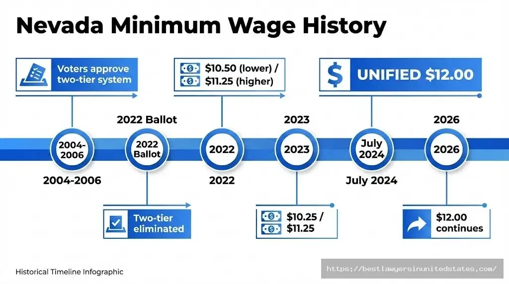 Nevada minimum wage history showing two-tier system elimination and progression to $12.00 unified rate in 2024