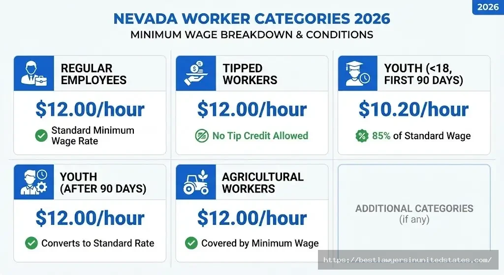 Nevada minimum wage rates by worker category including regular, tipped, youth, and agricultural employees