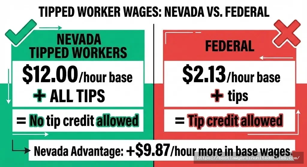 Nevada prohibits tip credits requiring tipped employees earn full $12.00 minimum wage versus federal $2.13 tipped rate