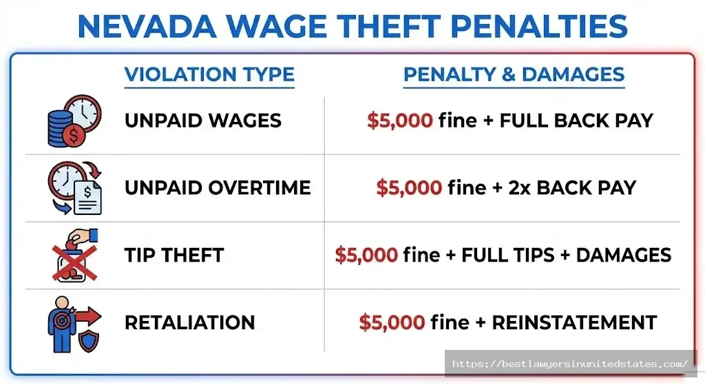 Nevada wage theft penalties showing $5,000 fines and employee recovery amounts for violations