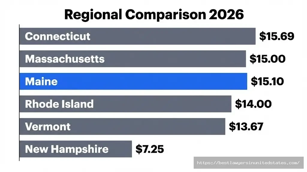 New England minimum wage comparison 2026 showing Maine at $15.10 ranked second after Connecticut $15.69