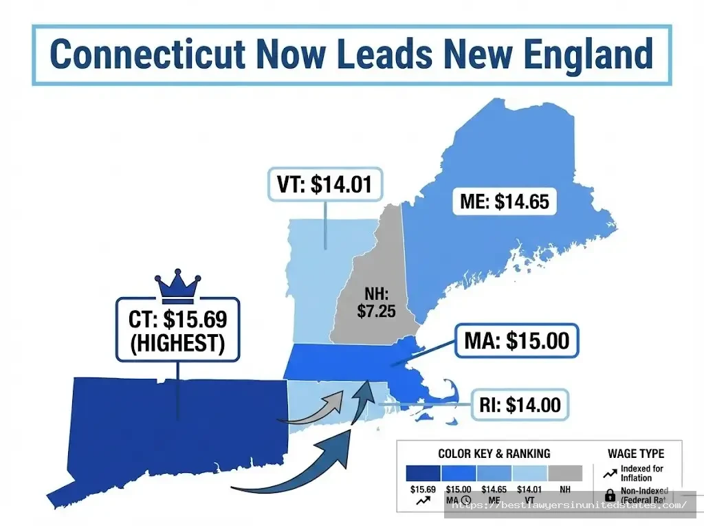 New England minimum wage map 2026 Connecticut $15.69 highest, Massachusetts $15, comparison across all states