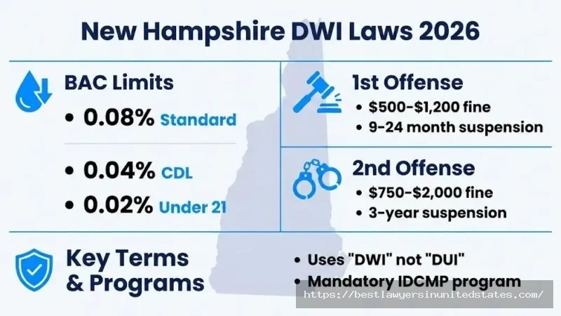 New Hampshire DWI laws 2026 overview showing BAC limits penalties fines and license suspension periods
