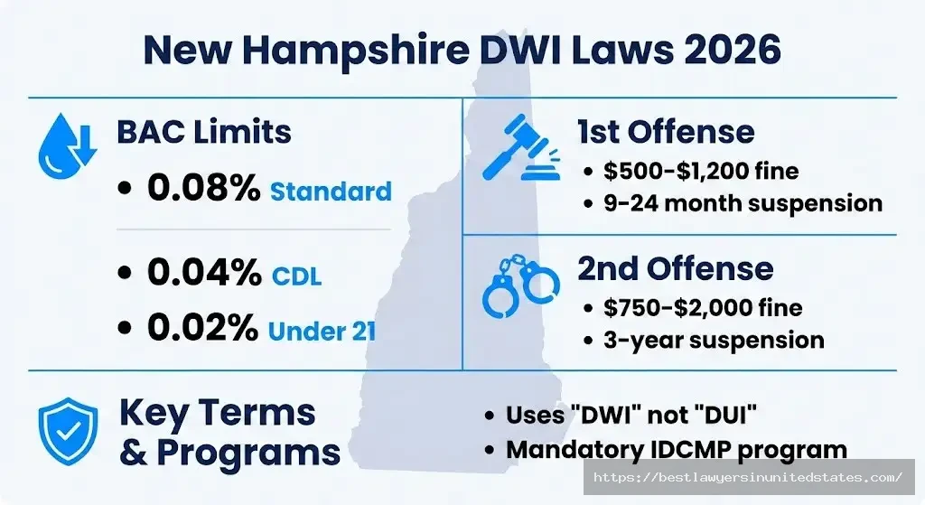 New Hampshire DWI laws 2026 overview showing BAC limits penalties fines and license suspension periods