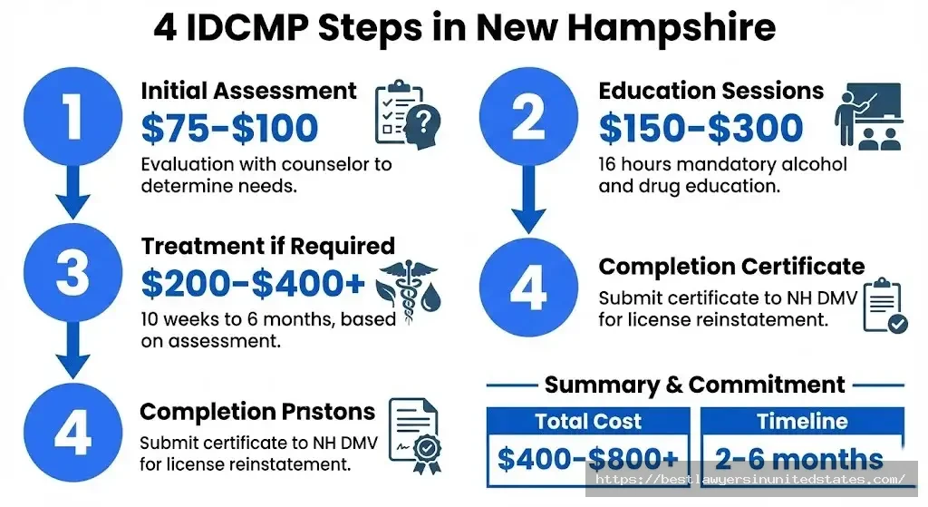 New Hampshire IDCMP program 4-step process showing assessment education treatment certificate costs timeline