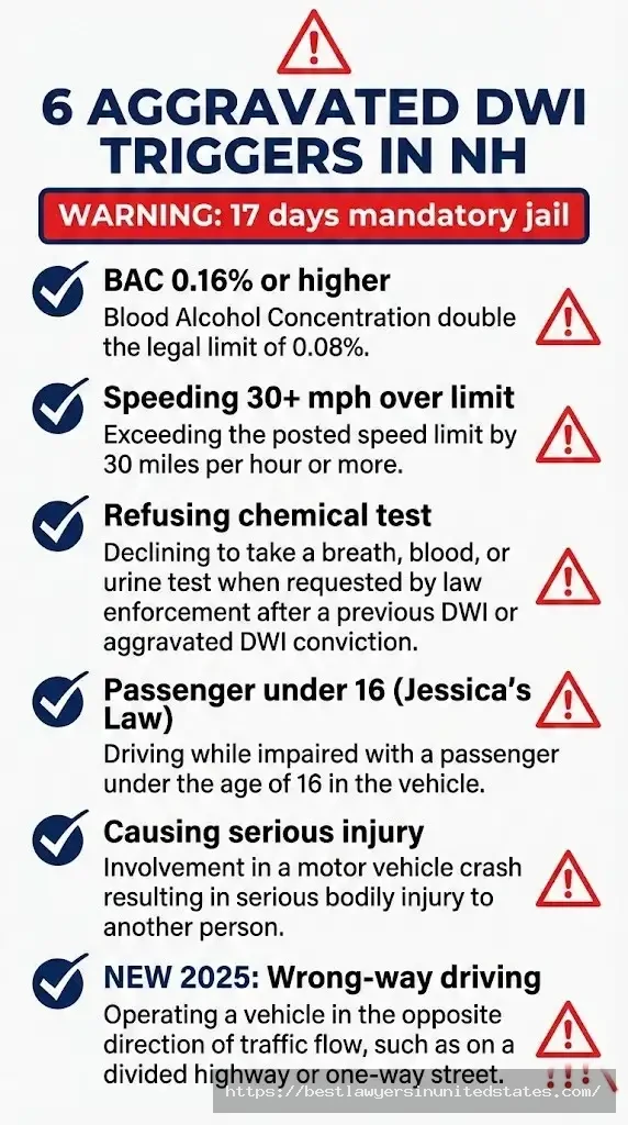 New Hampshire aggravated DWI triggers including BAC 0.16% child passenger wrong-way driving 2025 law