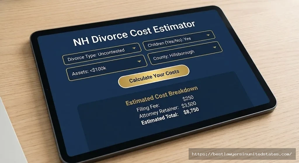New Hampshire divorce cost calculator tool showing estimated expenses based on divorce type, children, and county location