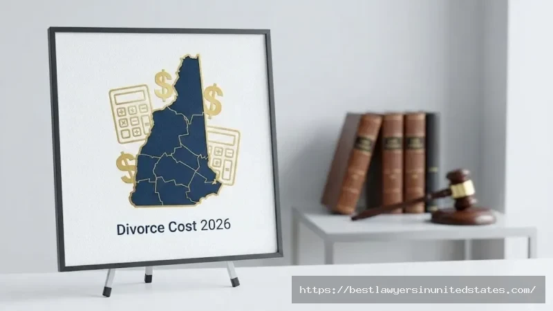 New Hampshire divorce cost guide 2026 with state outline and calculator showing estimated expenses