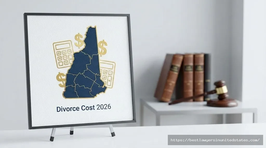 New Hampshire divorce cost guide 2026 with state outline and calculator showing estimated expenses