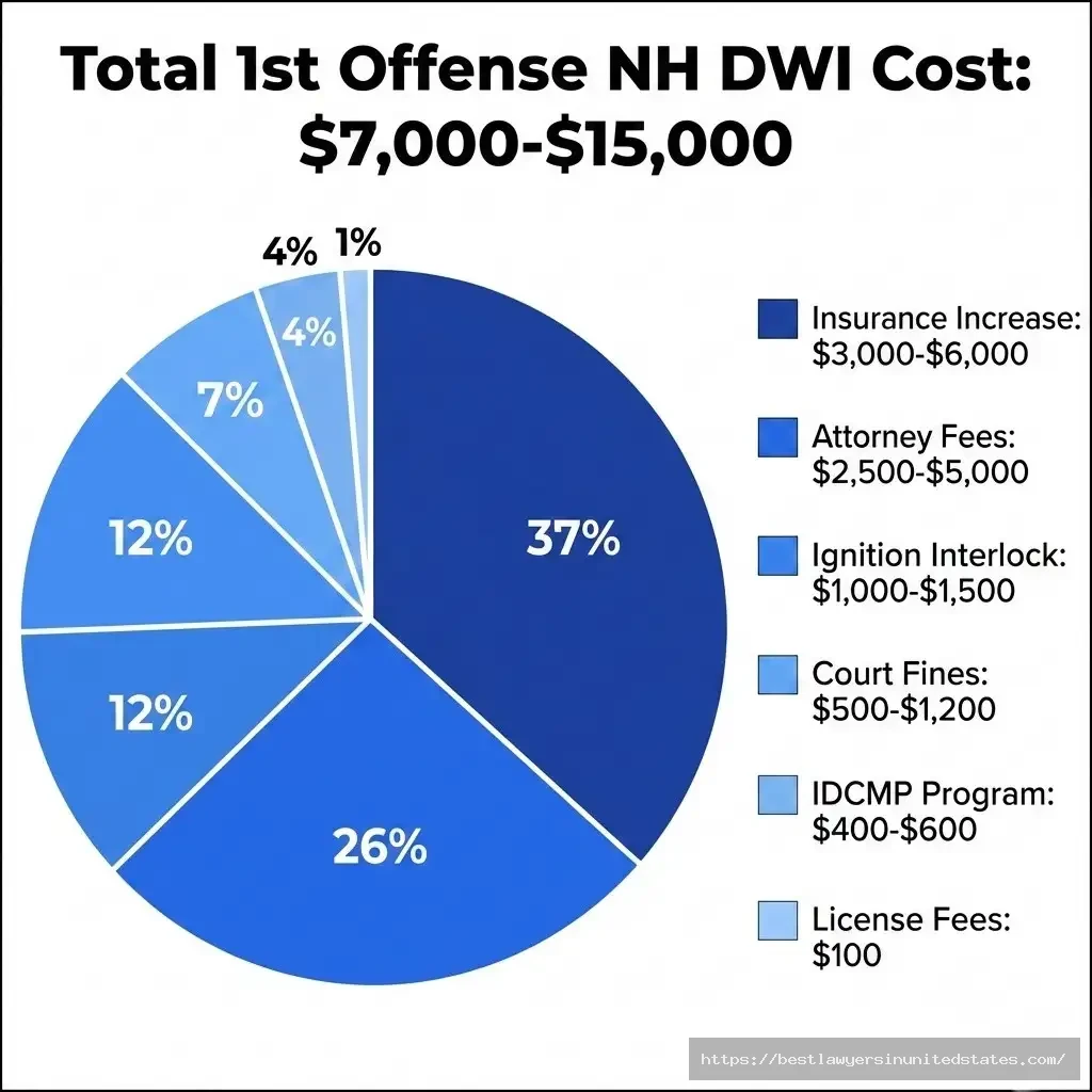 New Hampshire first offense DWI total cost breakdown showing $7000-$15000 including fines attorney IDCMP insurance