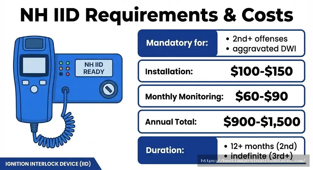 New Hampshire ignition interlock device costs showing $900-$1500 annually mandatory for second offense aggravated DWI