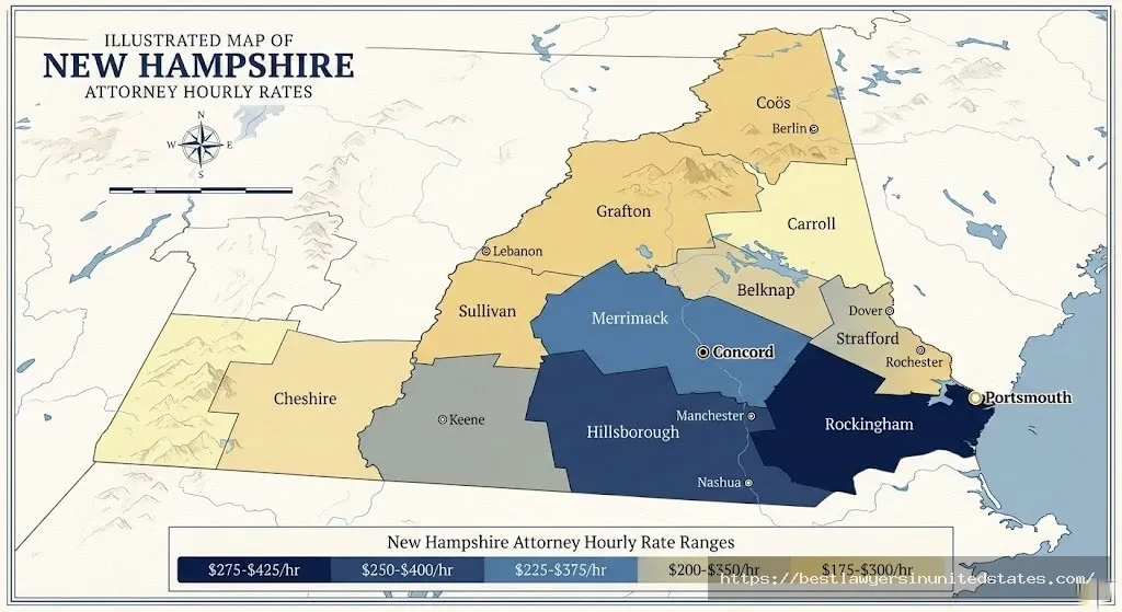 New Hampshire map showing divorce attorney hourly rates by county ranging from $175 to $425 per hour
