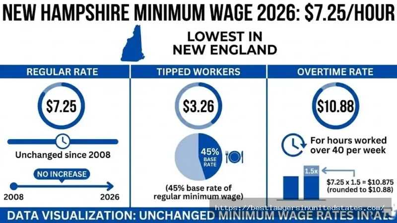 New Hampshire minimum wage 2026 rates showing $7.25 regular, $3.26 tipped, and $10.88 overtime hourly wages