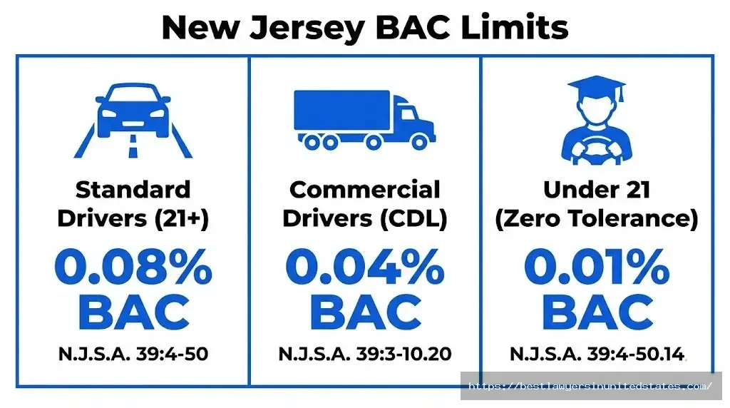 New Jersey BAC limits chart showing 0.08% for standard drivers, 0.04% for CDL, 0.01% for under 21 with statute numbers