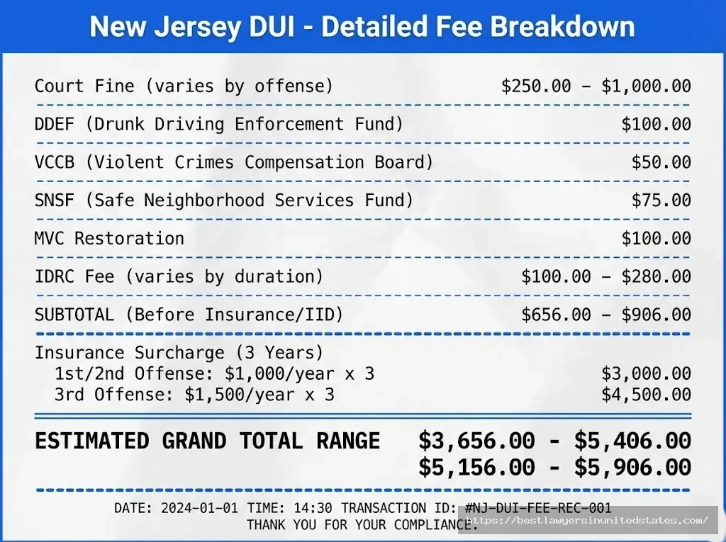 New Jersey DUI mandatory fees itemized DDEF $100, VCCB $50, SNSF $75, MVC $100, IDRC $100-280, total $656-906 plus insurance