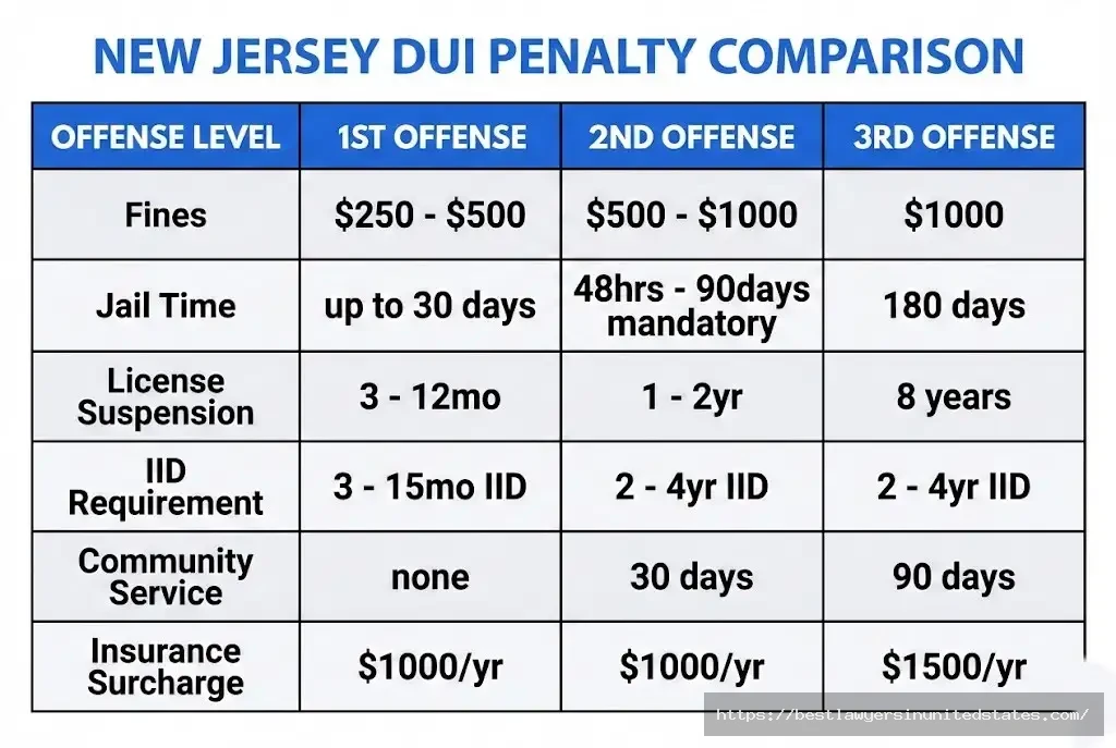 New Jersey DUI penalties chart comparing 1st offense $250-500 to 2nd $500-1000 to 3rd $1000 with jail and suspension times
