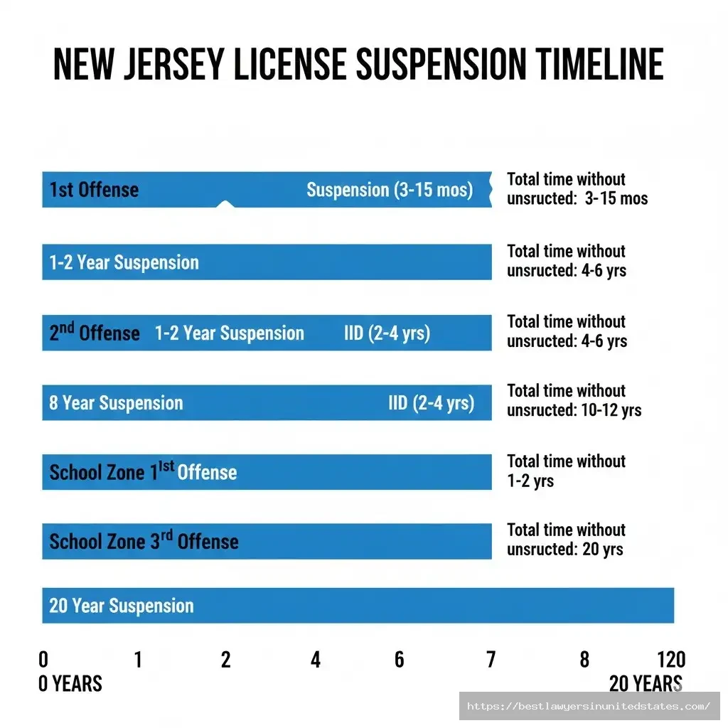 New Jersey DUI suspension timeline chart 1st offense 3-15 months, 2nd 1-2 years, 3rd 8 years, school zone up to 20 years