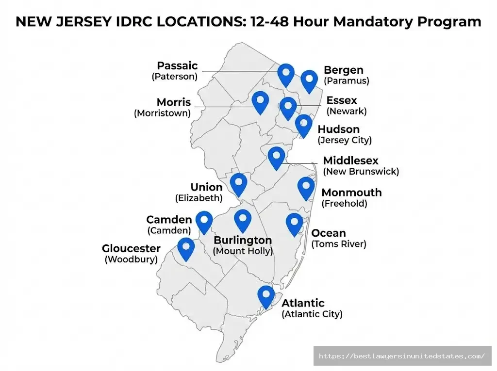 New Jersey IDRC locations map showing 13 centers across Bergen Essex Hudson Middlesex Ocean counties for mandatory DUI education