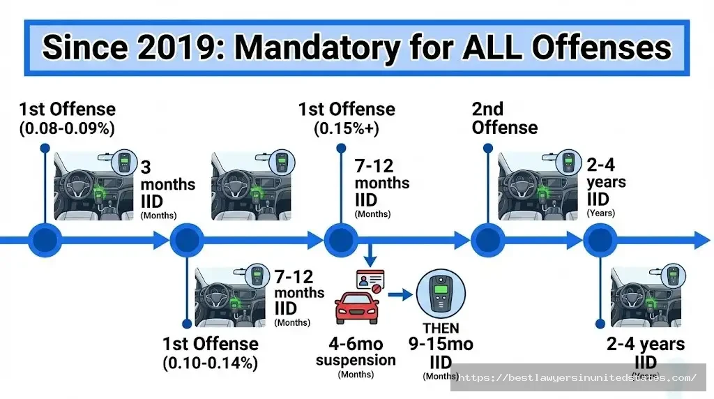 New Jersey ignition interlock timeline 1st offense 3-15 months, 2nd offense 2-4 years, 3rd offense 2-4 years, mandatory since 2019