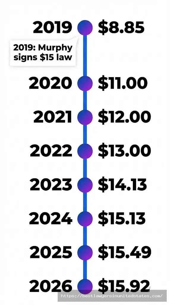 New Jersey minimum wage increase timeline from 2019 to 2026 showing progression from $8.85 to $15.92