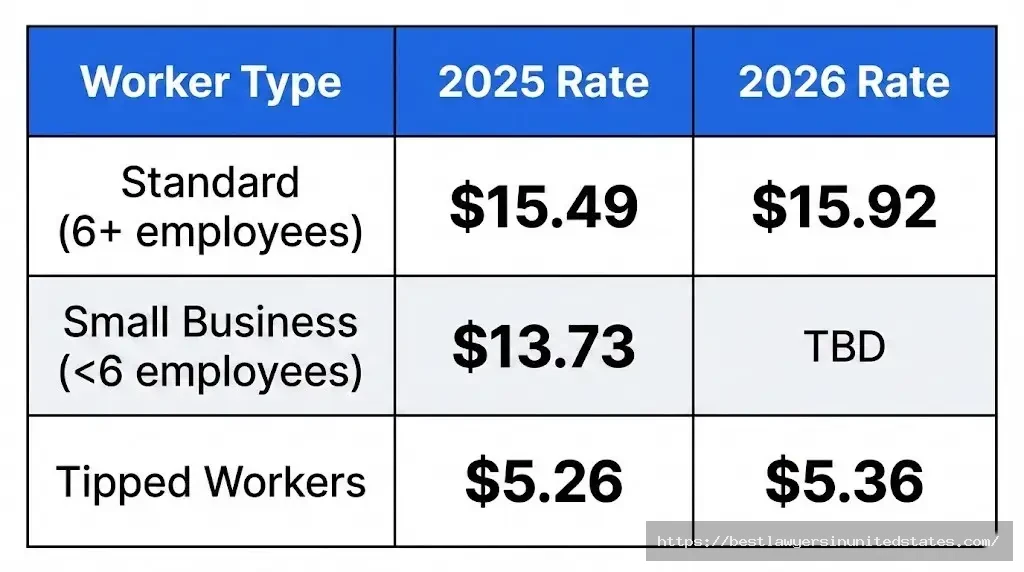 New Jersey minimum wage rates by worker category for 2025 and 2026 comparison table