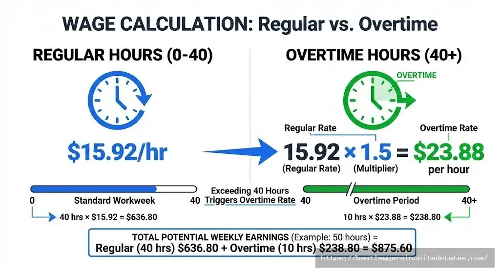 New Jersey overtime pay calculation showing time-and-a-half rate of $23.88 per hour for minimum wage workers