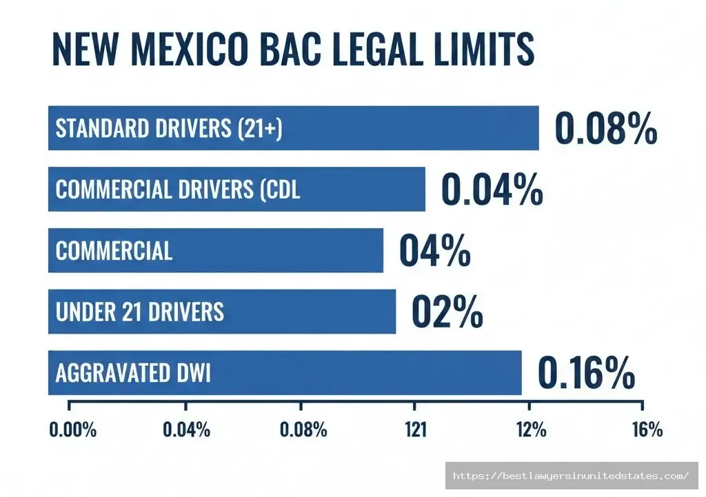 New Mexico BAC limits 0.08% standard, 0.04% CDL, 0.02% under-21, 0.16% aggravated DWI threshold