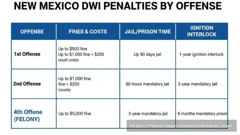 New Mexico DWI penalties chart showing fines, jail time, and ignition interlock requirements for 1st through 4th offense